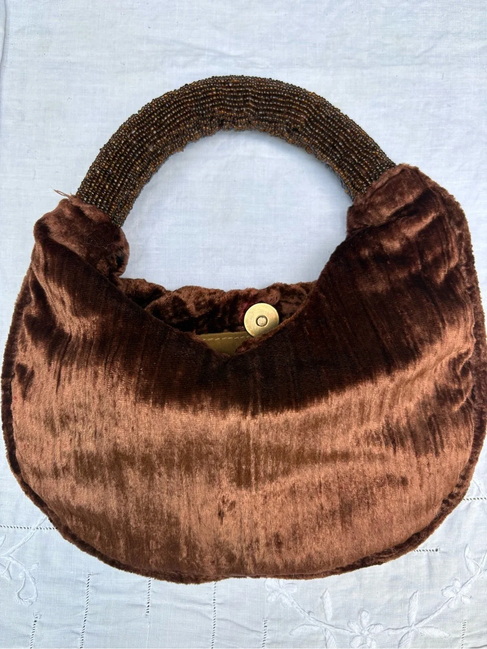 Vintage Crushed Brown Velvet Clutch with Beaded Handle